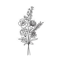 Wildflower bouquet vector. Rose flower bouquet. Hand drawn flower, wild plant, botanical vector illustration
