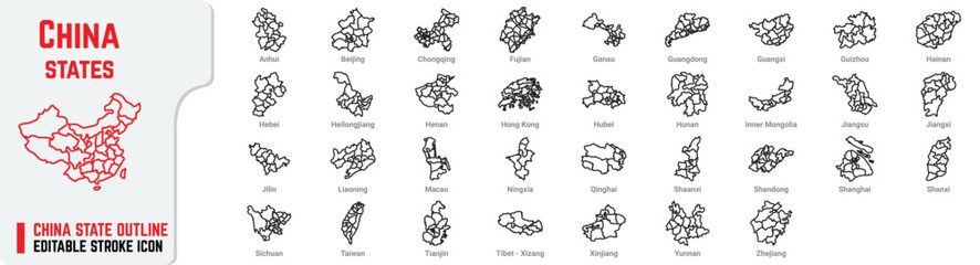 China Each State with City Lines Map Icon Outline Vector Isolated on White Background
