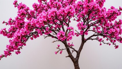 Obraz premium Vibrant Pink Blossom Tree Displaying Full Bloom Against Simple Background with Delicate Petals