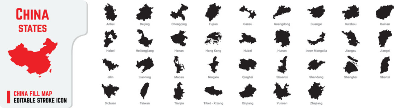 China Each State Solid Fill Flat Map Icon Vector &ndash; Country Silhouette Isolated on White Background