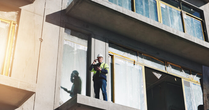 Construction site, architect and man with tablet, phone call and communication for inspection or online. Balcony, inspector and person with tech for project management, review and process on website