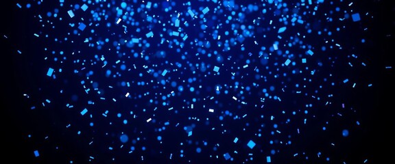 Abstract blue confetti falling on dark background, flying particles  ,  festive,  whimsical