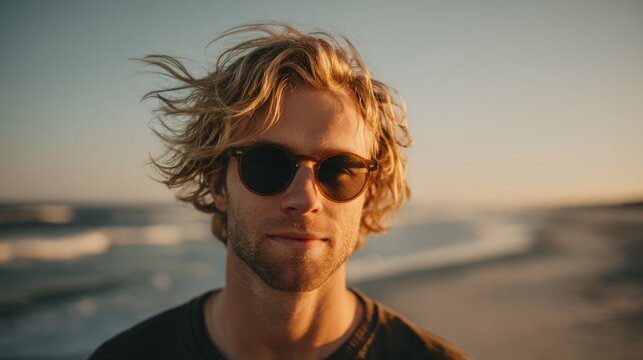 Serene young man with sunglasses enjoying a tranquil beach sunset - Powered by Adobe
