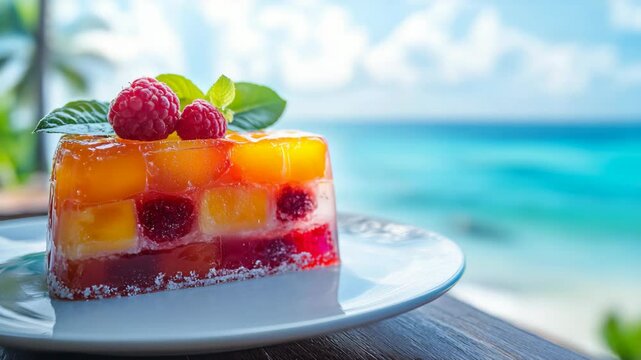 mix fruit jelly cake raspberry mango with summer beach view, beautiful blue ocean 
