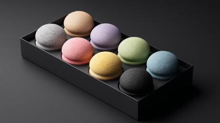 Obraz premium Colorful assorted macaroons displayed in a sleek black tray on a dark background.