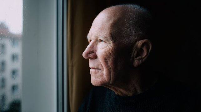 Pensive elderly man gazing out a window in contemplative silence