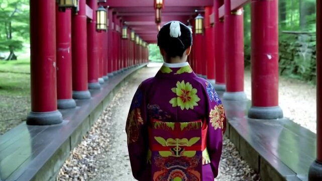 the back of a woman in a kimono walking through a Japanese shrine