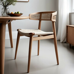 A Scandinavian-style wooden dining chair with a woven seat