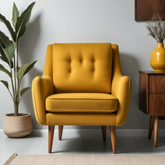 A mid-century modern armchair with wooden legs and mustard yellow fabric