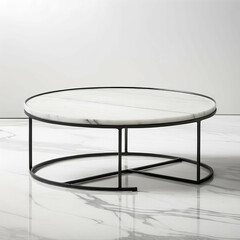 A minimalist white marble coffee table with a thin metal frame
