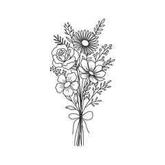 Wildflower bouquet vector. Rose flower bouquet. Hand drawn flower, wild plant, botanical vector illustration