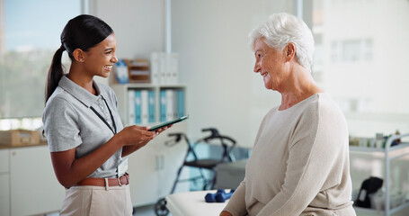 Physiotherapy, tablet and happy woman with mature patient with medical results, consulting and...