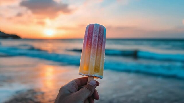 hand of a man holding colorful rainbow popsicle with sunset beach view calm peaceful summer view 