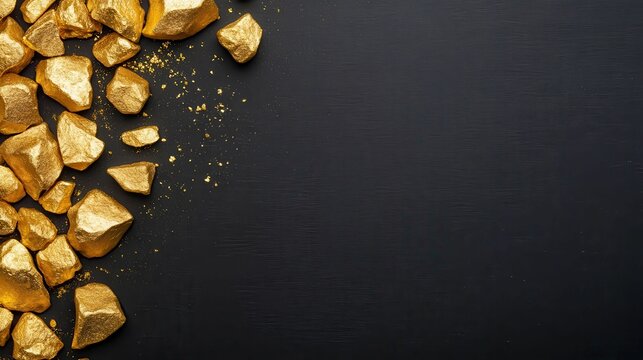 Gold nuggets scattered on dark surface; copy space.