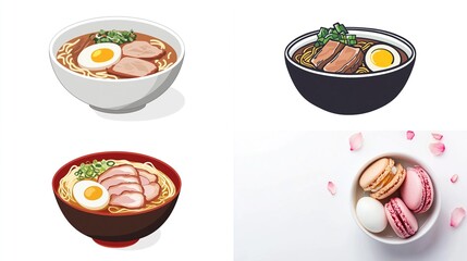 Four illustrations of ramen bowls, and macarons