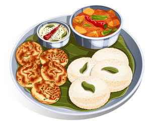 South Indian Thali with Idli, Paddu, Sambar, and Coconut Chutney on Banana Leaf – Traditional Tamil Breakfast Illustration