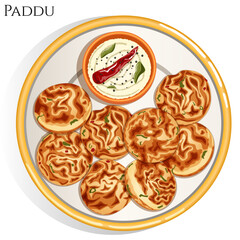 Top View Paddu with Coconut Chutney on Plate. Traditional South Indian Tiffin Meal Illustration