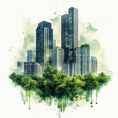 Obraz premium Watercolor Cityscape Modern Skyscrapers and Lush Greenery