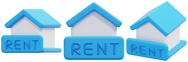 Set of Blue 3D House Icons with Rent Sign 3d Render Icon Illustration