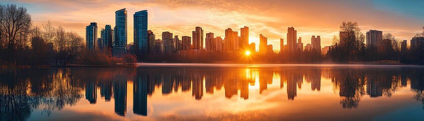 Fototapeta premium Panoramic City Skyline at Sunrise with Golden Reflection Over Water