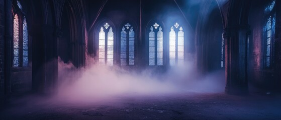 Misty, gothic interior of an abandoned church.