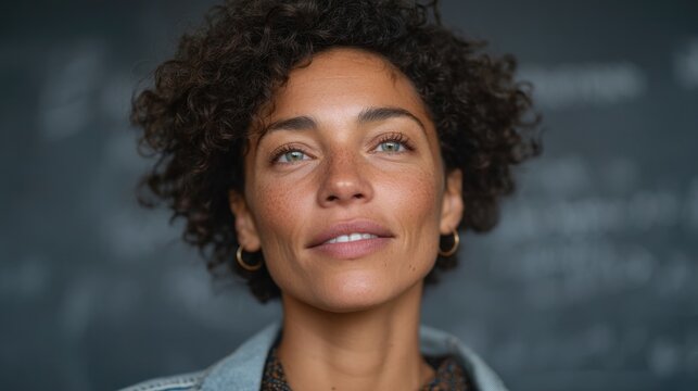 dedicated teacher attentively explaining concepts at classroom board with students in background blurred