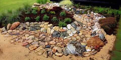 Obraz premium Eco-Friendly Landscaping Inspiration: Rustic Stone Pathway with Decorative Garden Plants and Earth Tone Elements