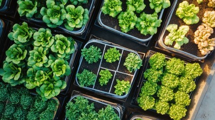Aerial View of Lush Green Hydroponic Lettuces in Rectangular Planters