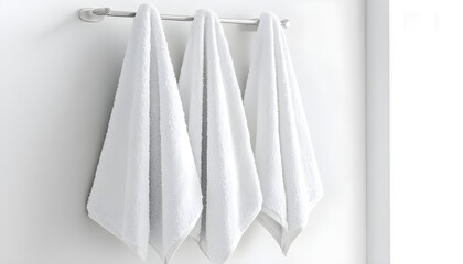 Fototapeta premium Close up of stack of fluffy fiber bath towels. Towels hanging in a bathroom. Hygiene and selfcare disinfection concept mockup