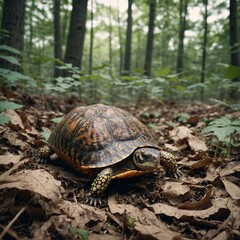 A box turtle burrowed in forest floor, white tone