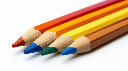 Obraz premium Vibrant row of sharpened colored pencils aligned closely on white backdrop