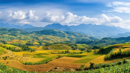 Obraz premium Panoramic view of terraced rice paddies and mountains under a partly cloudy sky.