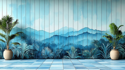 Tropical Jungle Mural with Blue Mountains and Potted Plants