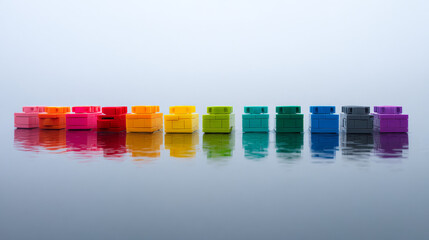 Colorful geometric shapes reflecting in calm water create a vibrant mood for design.