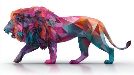 Lion in colorful Polygon low poly.  Walking lion silhouettes Vector Icon. Angry Lions colorful logo