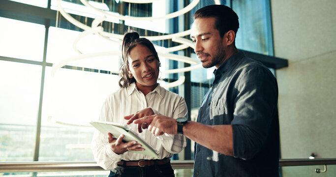 Office, online and people with tablet, discussion and colleagues with ideas on web and collaboration. Pointing, man and woman with tech for project, teamwork and planning for ad campaign in business