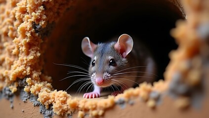 Close-up of rat in home insulation, peeking from cavity, highlighting rodent infestation risk. Attic damage, chewed wires, wall gaps visible. Urgent pest control needed for safety, hygiene, prevention