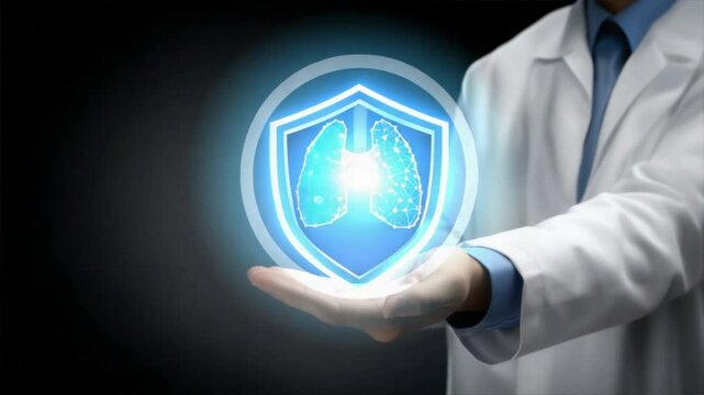 Doctor presenting a virtual blue shield with a throat icon, symbol of protection from thyroid disorder, thyroiditis, and symptoms of throat pain