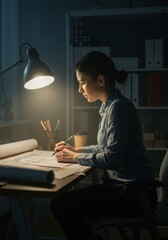 Focused woman working on architectural blueprints at night