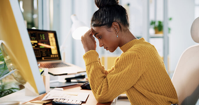 Creative, paperwork and woman with headache of stress for client feedback, bad SEO review and overwhelmed. Web designer, employee and tension migraine for engagement metrics error and disappointed