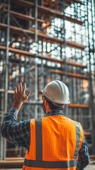 A construction foreman giving instructions to workers using hand signals, standing near steel beams and scaffolding, clean and professional composition, copy space, natural color, stock photograph