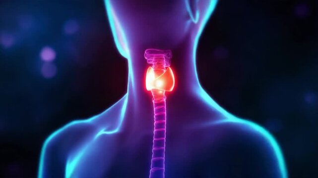 Human neck glowing with shiny red thyroid gland in pain, highlighting visible signs of thyroiditis and throat pain caused by thyroid disorder