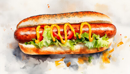 Delicious hot dog with mustard, ketchup, and lettuce filling a poppy seed bun. Close up view of a hot dog featuring vibrant toppings of mustard and ketchup
