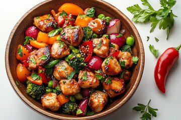A colorful bowl of healthy chicken stir-fry with fresh vegetables, garnished with herbs and chili for an appetizing look.