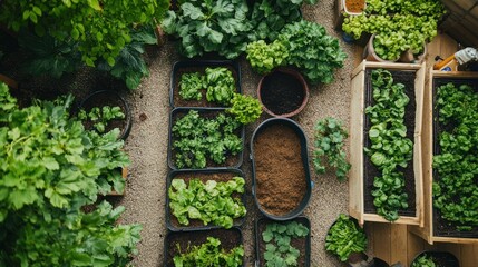 Aerial View of a Lush Urban Garden: A Vibrant Collection of Leafy Greens, Herbs, and Flowers Thriving in Raised Beds and Containers