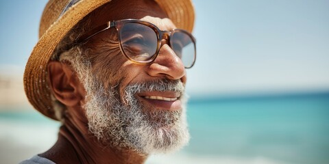 Senior man enjoying a leisurely beach walk on a sunny day