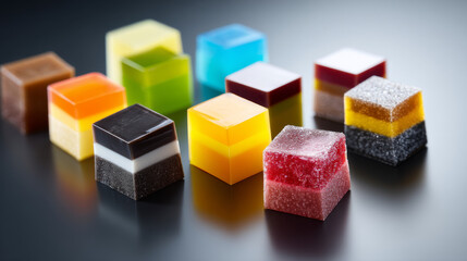 Obraz premium Colorful jelly squares arranged artistically on a dark reflective surface.