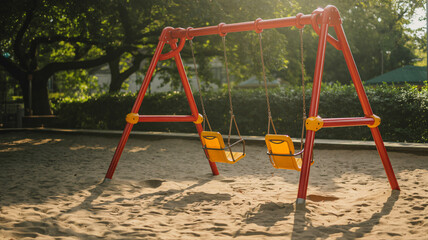 Fototapeta premium A cheerful playground with bright swings hanging casting playful shadows on the soft sandy ground