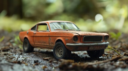 Vintage orange mustang parked on a forest floor capturing its historical charm