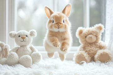 A playful bunny leaps among plush toys on a cozy surface, capturing the essence of innocence and joy in a serene setting.